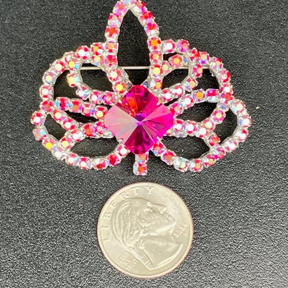 Fuchsia Pink Aurora Borealis Ravioli Rhinestone Flower Brooch - Picture 10 of 12